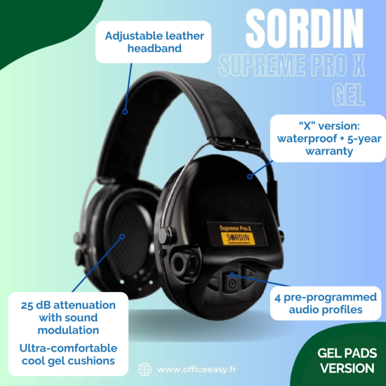 Casque antibruit Sordin Supreme Pro X Noir avec coussinets gel